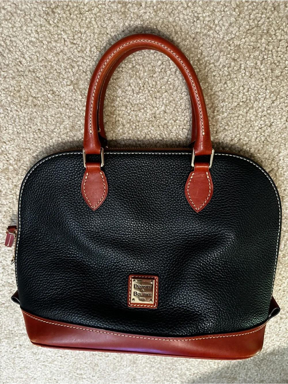 Dooney & Bourke Black Pebble Leather Tote with Brown Trim - Picture 1 of 4
